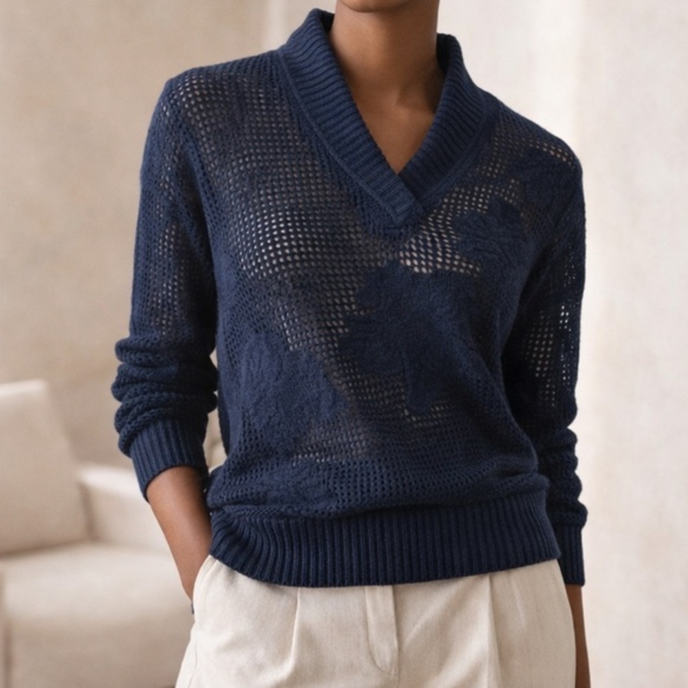 Lamberto Losani 100% Cashmere Navy Open Knit V-Neck Sweater Size 40 US 4/Small